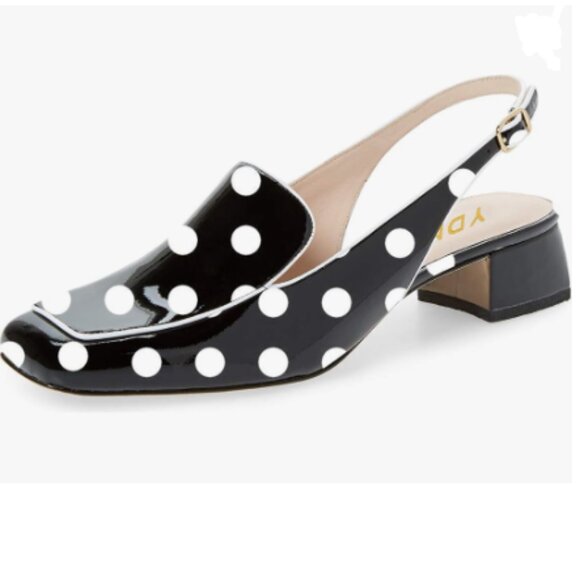 YDN Black Polka Dots Square Toe Block Low Heels Slingback Formal Loafer Pump - Picture 1 of 8